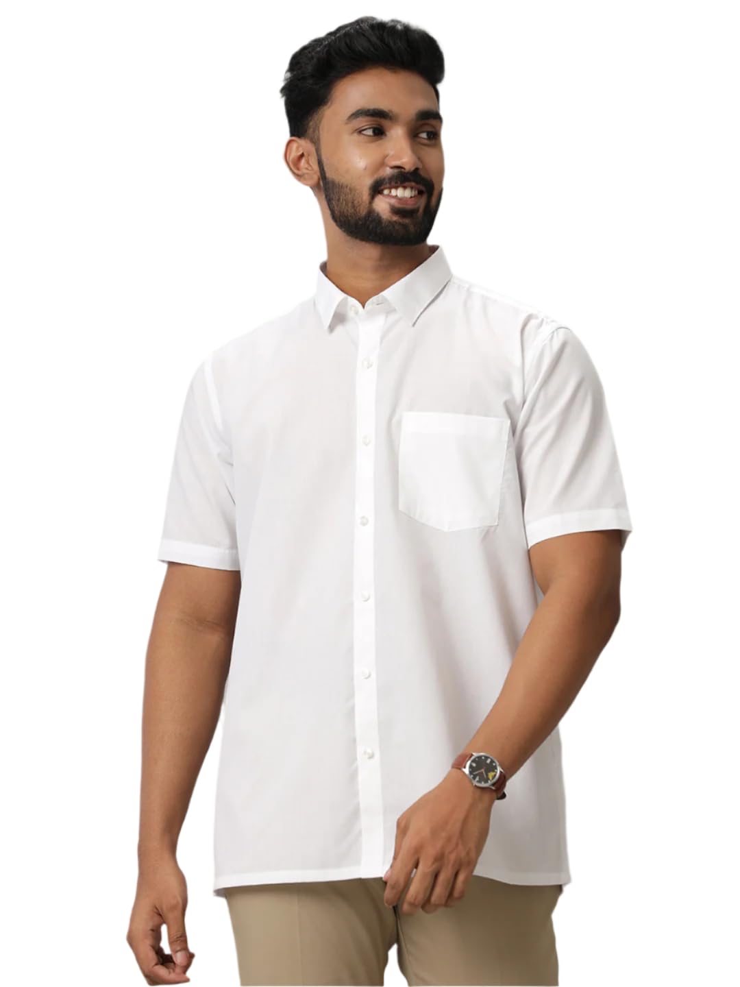 Men 100% Cotton Half Sleeves White Shirt Real White-H44-image-20