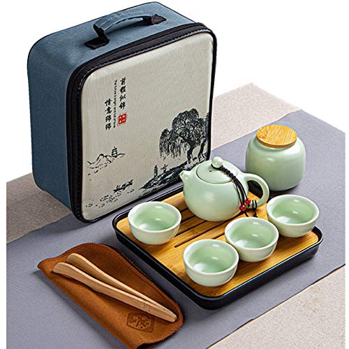 Leyin Portable Travel Tea Set - Handmade Gongfu Tea Set With Tea Can, Teapots, Teacups, Tea Canister, Tea Tray And Travel Bags (Green) White #TOP24