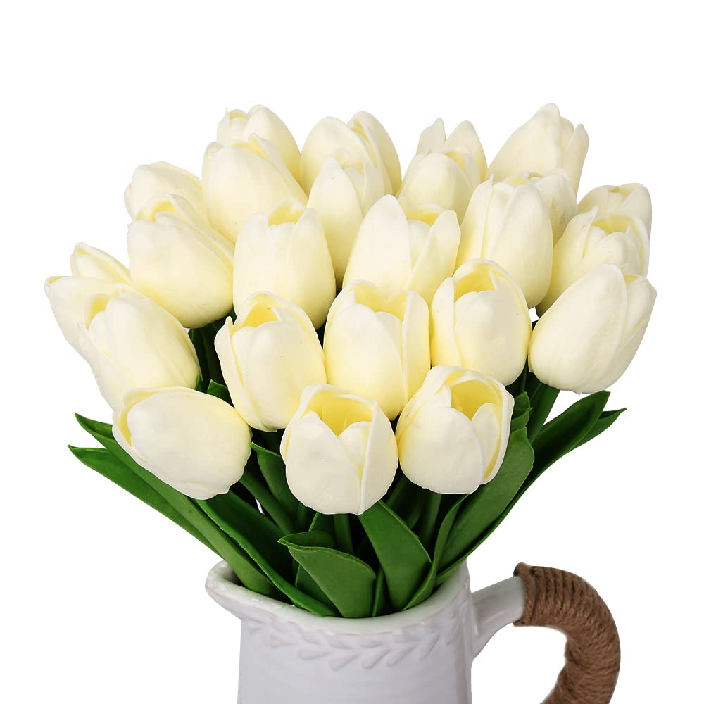 IPOPU Real Touch Tulips 24PCS Artificial Tulips Flowers for Decoration Cream Fake Tulips Floral Arrangements Artificial Faux Tulips Decor for Table Home Decor Baby Shower Centerpieces (Off White)