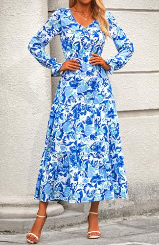 BTFBM Women Fall Dresses 2025 Casual Long Sleeve V Neck Maxi Dresses Floral Boho Long Dress Wedding Guest Dress