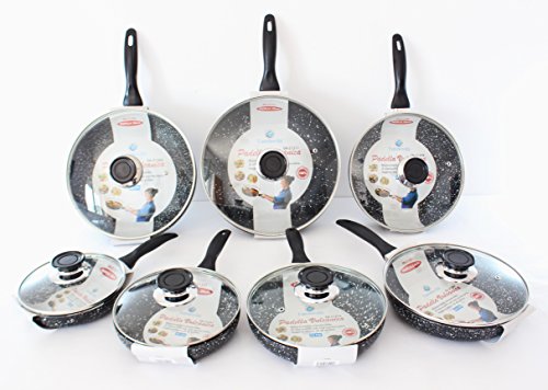 Padella vulcanica nera con coperchio in vetro temperato, rivestimento in pietra lavica antiaderente (18 Centimetri)