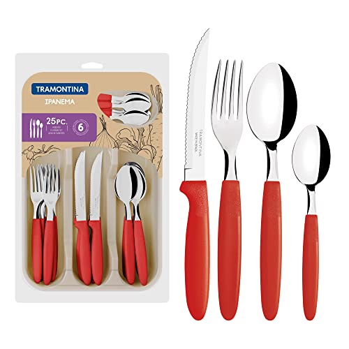 TRAMONTINA - Juego de Cubiertos Ipanema, en Acero Inoxidable, Mangos de Polipropileno, con Organizador de Cubiertos, Set para Uso Diario, Incluye 25 piezas, Color Rojo
