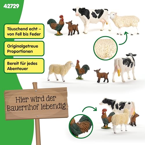 schleich FARM WORLD | Bauernhof Starterset 42729 | Spielset mit Ziege, Kuh, Schaf & Hahn | detailgetreue Tierfiguren & Sammelfiguren | Bauernhof Spielzeug ab 3 Jahren | schleich Tiere Set aus 4 Teilen