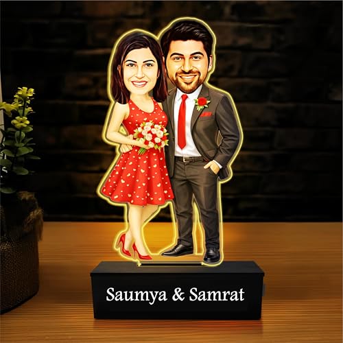 Image of ZOCI VOCI Personalized Couple Gift from Photo, Custom Name Acrylic Couple Caricature, Romantic Gift for Couples (Ever After, With Light)