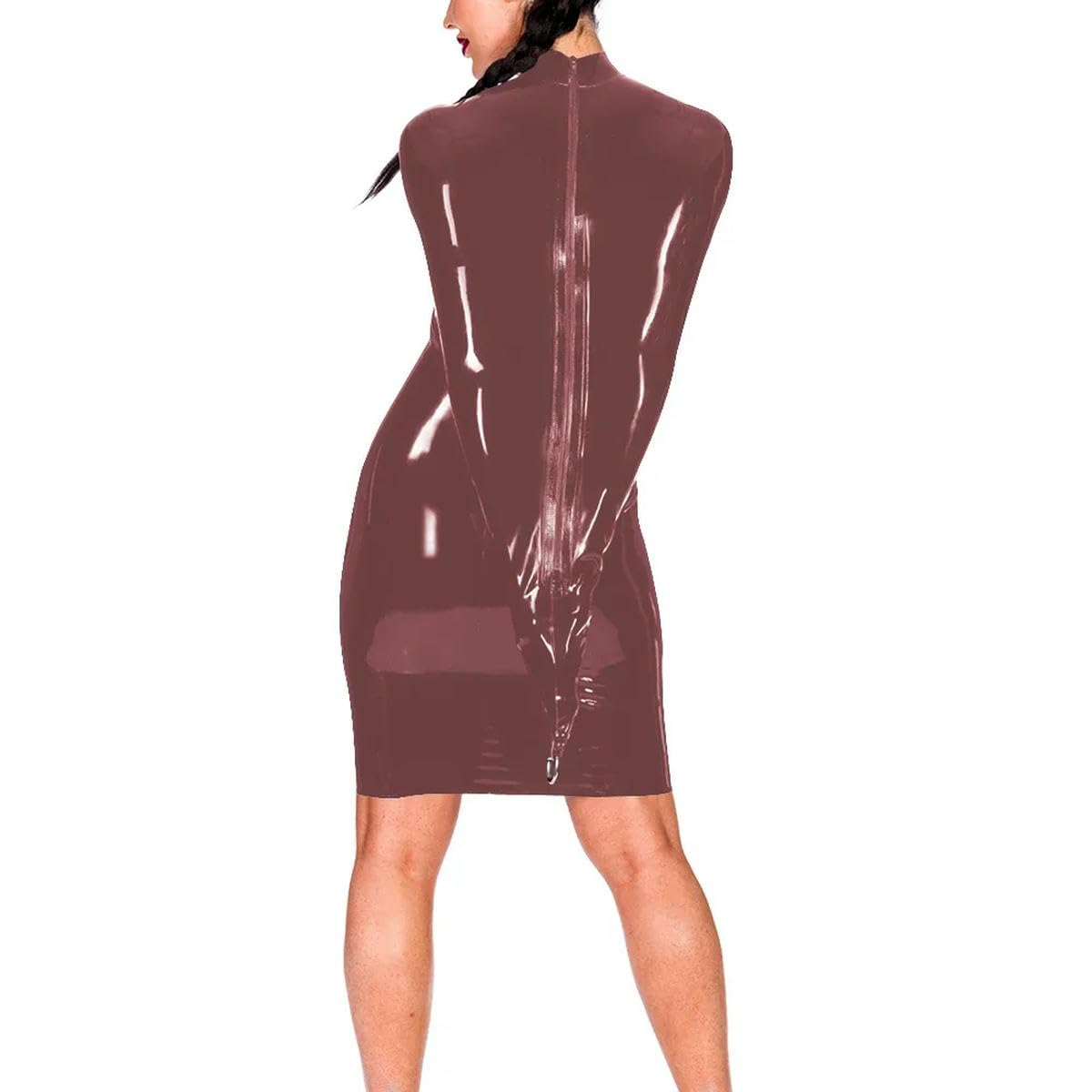 Dress with Back Zipper Turtleneck Full-Length Sleeve Sheath Mini Dress PVC Mistress Costume