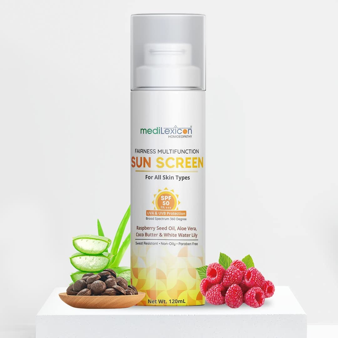 HOMOEOPATHY FAIRNESS MULTIFUNTION SUNSCREEN SPF 50 PA++++,FOR INDIAN WEATHER, WITH COCO BUTTER ALOE VERA AND RASPBERRY SEED OIL , 120ML