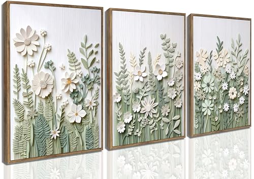 3 Pcs Framed Farm Sage Green Wildflowers Canvas Wall Art Neutral ...