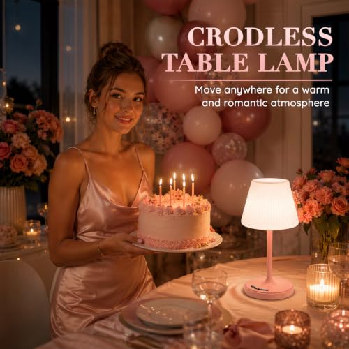 Image of Waterproof Shower Lamp, 4000mAh Cordless Table Lamp, 3-Color Dimmable -Pink | touch dimmable, weighted base, bathroom shower light, patio dinner, RV camping, charge your phones, memory night light