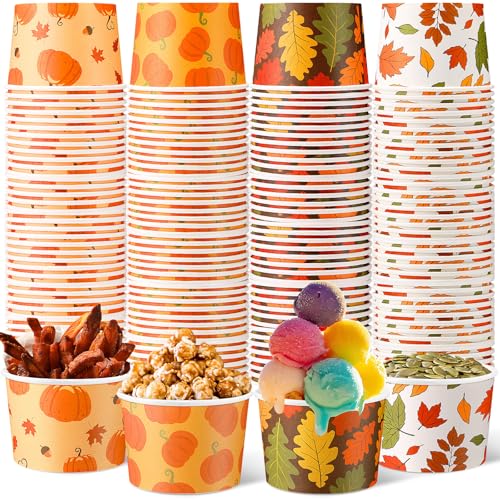Romooa 100 Pcs 9oz Fall Paper Bowls Treat Snack Cups Autumn Ice Cream Dessert Bowl Thanksgiving Pumpkin Maple Leaf Treat Snack Cup for Hot or Cold Food Thanksgiving Party Favor Supplies (Pumpkin)