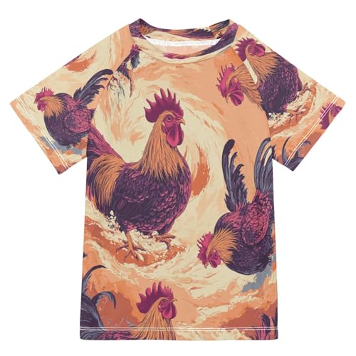 Boys Short Sleeve T-Shirts Rooster Retro Animal Rashguard Kids Swim Shirts Sun UPF 50+