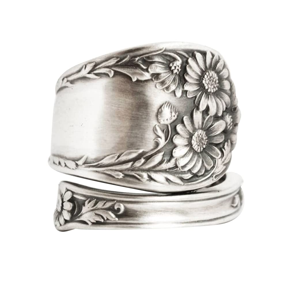 Sunflower Spoon Adjustable Rings Promise Wedding Engagement Statement Boho Vintage Finger Open Ring Extendable Wrap Bands for Women Men Retro Comfort Fit Jewelry