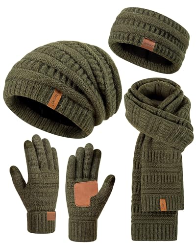 Womens Winter Beanie Hat Scarf Gloves Headband Set, Slouchy Beanie