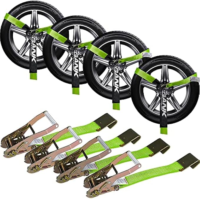 4 Pack Car Tie Down Straps with Flat Hooks - Lasso Style - 2'' X 96'' Tie Down Webbing in Bright Green - 3,300 Pound Safe Working Load for Cars, ATVs, UTVs, Boats, Jet Skis, and Snowmobiles