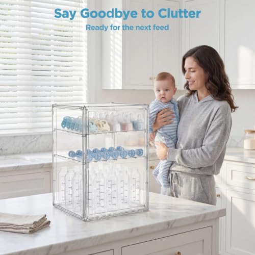 Image of HBlife Baby Bottle Storage Organizer for Countertop Cabinet, 3 Tiers Adjustable Clear Acrylic Bottles Storage Station Case Box Container with 2 Removable Dividers and Magnetic Door, XXL