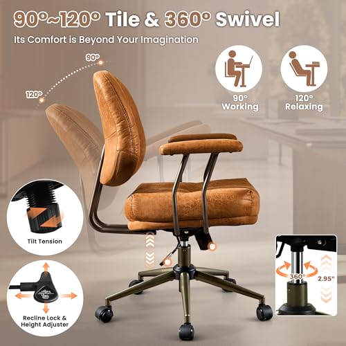 Image of ovios Ergonomic Office Chair, Mid Back Faux Leather Executive Chairs with Thick Cushion, Comfy Mid-Century Modern Swivel Rolling Computer Armchair (Brown, Suede Leather)
