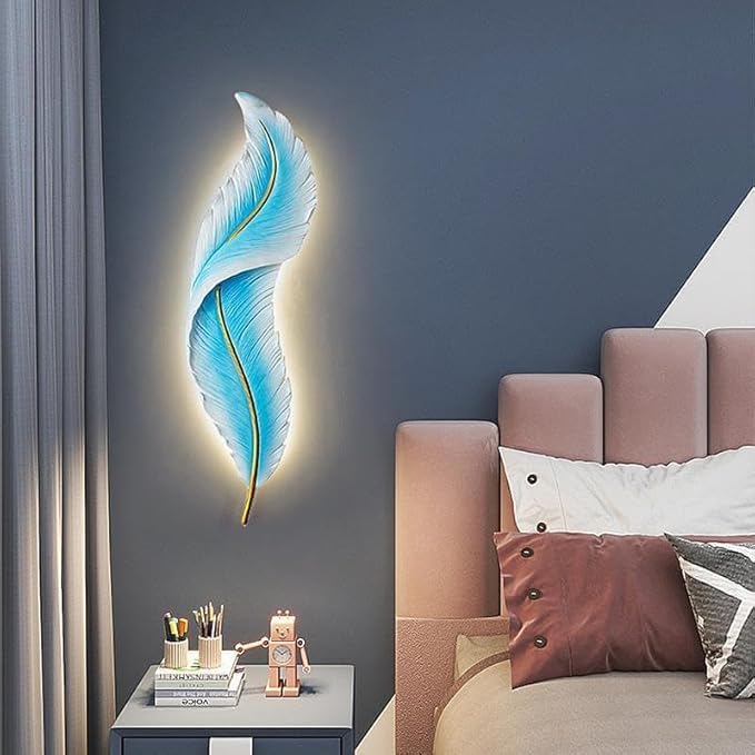 Image of Resin Antique Feather Wall Sconce|Snowy Quill Decorative Wall Light for Living Room, Hallway, Kitchen & Office-Warm White, Cool White, Natural White (Blue+Golden)