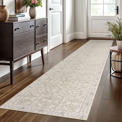2x10 Cream Beige White Grey Washable Runner Rug for Kitchen, Soft Classic Runner with Non-Slip, Non-Shedding Distressed Floral Rug for Hallways Entryway Bedroom Laundry Indoor