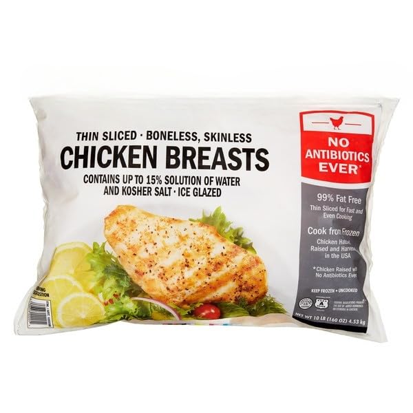 Thin Sliced Chicken Breasts, Boneless Skinless , Ingredients : Carbonated water, citric acid, taurine, sodium bicarbonate, magnesium carbonate, caffeine, acesulfame-potassium, aspartame (contains phenylalanine), niacin, pantothenate, vitamin B6, vitamin B12, xantham gum, artificial flavour, colour [ 160 oz , 10 lb ]