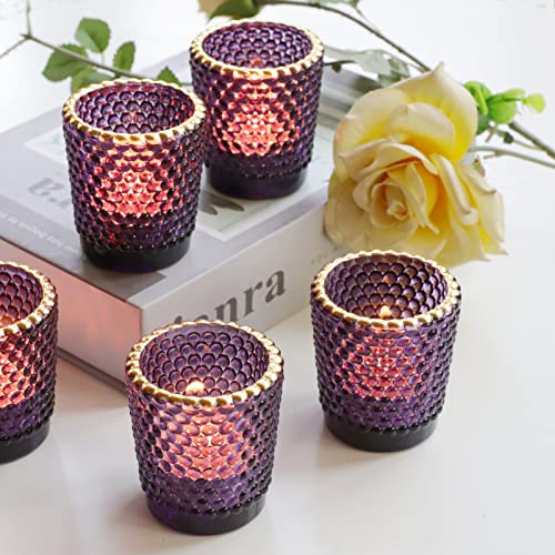 Vohocandle Photophores violets avec bord doré, ensemble de photophores pour Halloween, lot de 12, photophores vintage avec motif nid d'abeille pour...