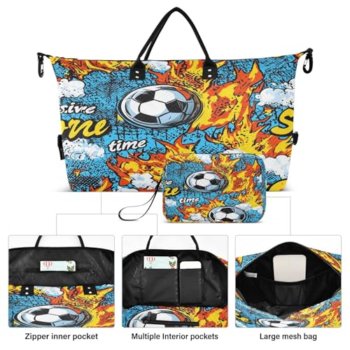 Flame Cartoon Football Travel Duffel Bag Large Capacity Weekender Bag with Toiletry Bag Detachable Shoulder Strap Travel Tote Bag for Women2