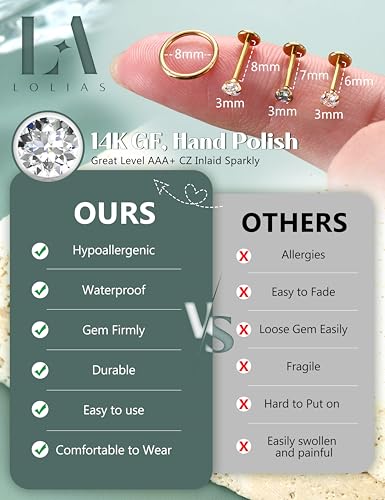 LOLIAS 14K Gold Filled & 316L Surgical Steel Nose Rings & Studs - 20G & 18G Threadless Hoops & Push in Flat Back - CZ Hypoallergenic Piercing Jewelry for Women & Men - 11Pcs4