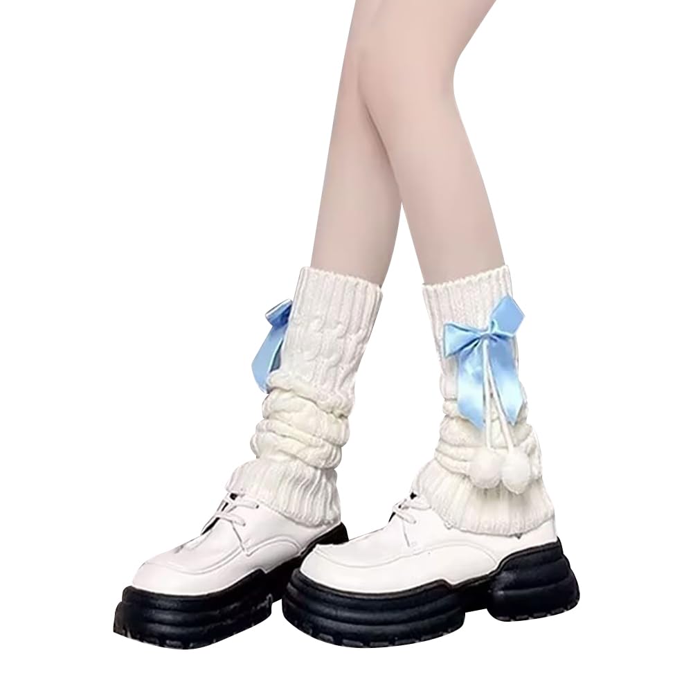 ccHuDE 1 Pair Long Cute Leg Warmers Bowknot Leg Sleeves Winter Warm Leg Warmers Ribbed Knitted Leg Socks Fashion Leg Cover Sleeves for Women Girls: Blue