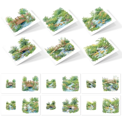 Image of AiYuanzsh 6 Pack Garden Landscape Diamond Painting Greeting Card Kits with Envelopes, 5D DIY Diamond Art Cards for Adults, Handmade Card Craft Kit for Holiday Birthday Wishes (30x15cm)