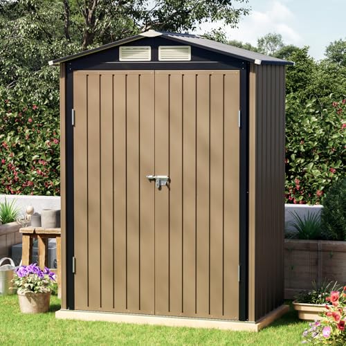Image of 5x3 FT Outdoor Metal Storage Shed with Floor Frame, Double Door, 1 Clear Window, Tool Shed for Garden, Patio, Backyard Brown