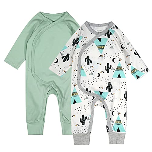 Image of Baby Boys Girls 2 Pack Footless Pajamas Cotton Long Sleeve Printing Soild Color Side Snap Romper Sleeper 3-24 Months (Pea green+Cactus, 3-6 Months)
