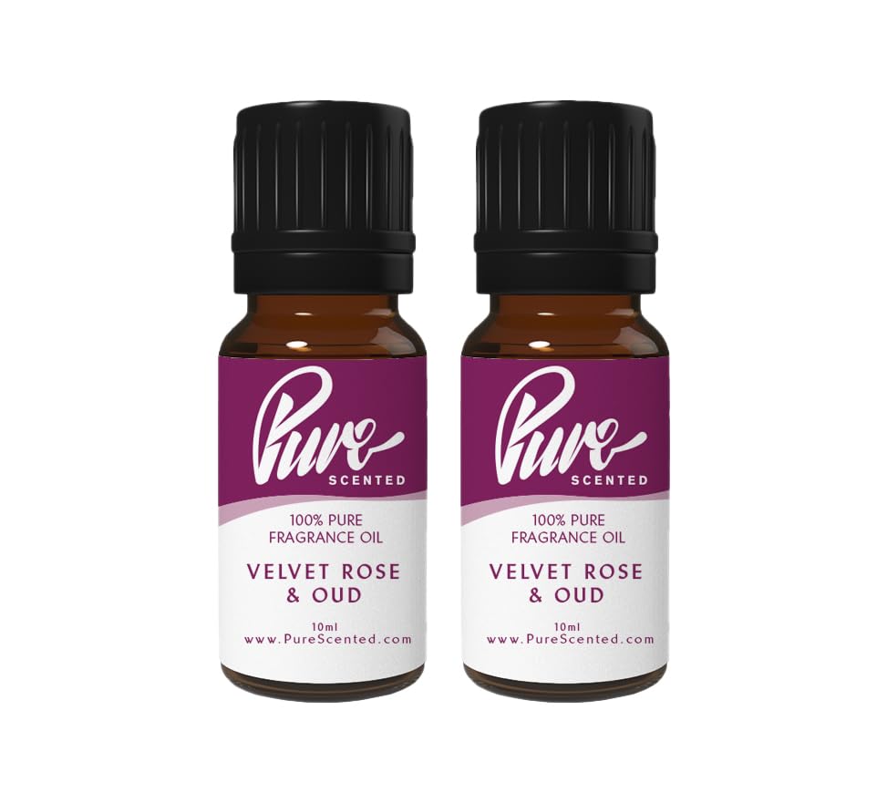 Pure Scented 20ml Fragrance Oils - 2 x 10ml Suitable for Candles, Soaps, Slime, Diffusers, Cosmetics, Wax Melts, Designer (2 x 10ml, Velvet Rose & Oud)