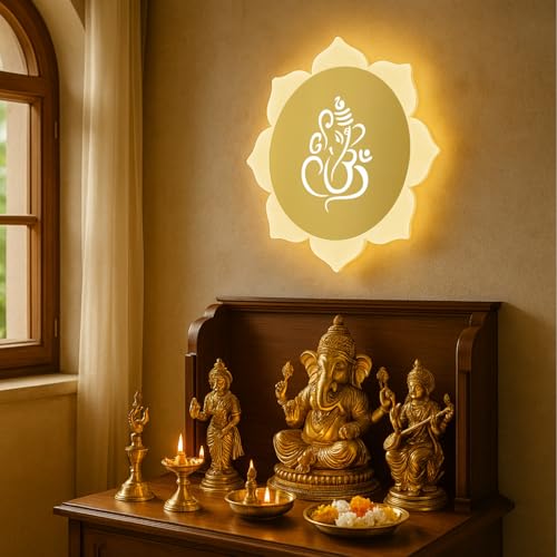 Image of Flower Ganpati LED Wall Light - Gold & Frosted Acrylic | 23cm | Warm White | Ideal for Temple, Living Room, Bedroom, Pooja Room, Mandir, Shops, Hotel (Flower - Ganesh - Gold)
