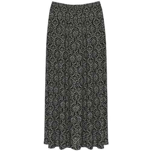 Women’s Plus Size Relaxed Fit Printed Skirt Full Length Maxi Skirt Ladies Boggy Bottom Style Summer Fashion Lightweight Elasticated Waist Printed Maxi Skirt (Black Plus Circle Print, UK 26-28)