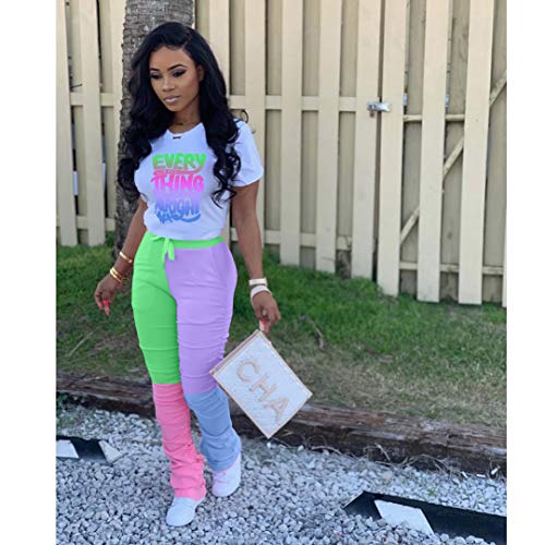 Casual 2 Piece Outfit Sets for Women Color Block Short Sleeve T-Shirts + Stacked Flare Pants Tracksuit Sweatsuit 5