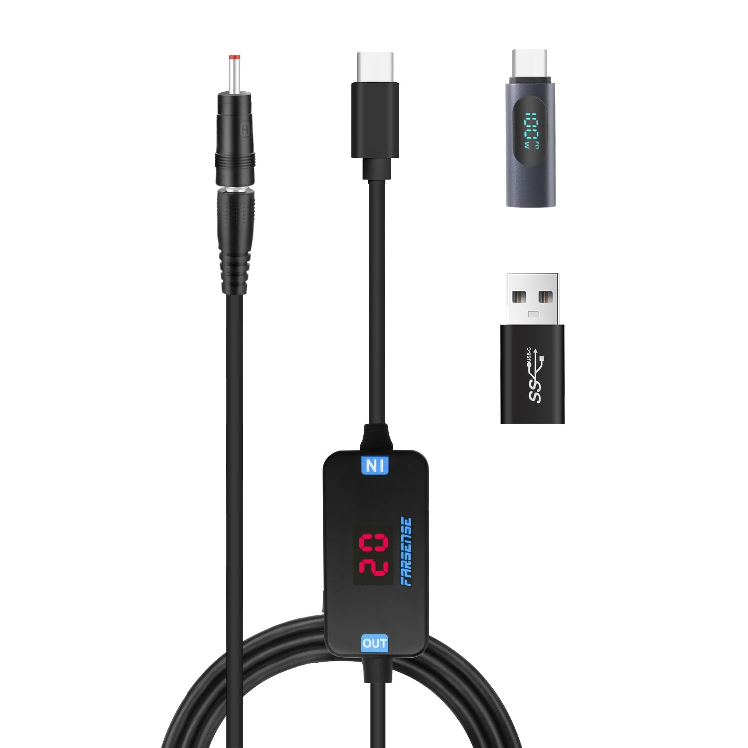 FARSENSE USB C - DCアダプター、バレルPDトリガーケーブル(3.3フィート)、Type Cオス-メス/USB AからUSB C/3.5x1.35mmチップ/USBからDC電源ケーブルへの切り替えとLEDディスプレイ電圧。