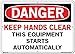 Vestil SI-D-08-E-PS-040 KEEP HANDS CLEAR THIS EQUIPMENT STARTS AUTOMATICALLY Danger Sign, Polystyrene, 0.040" Overall Size, 20.5" W x 14.5" H