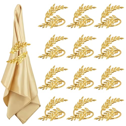 12 Stück Goldene Serviettenschnalle, Weizen Blattförmige Serviettenhalter aus Metall, Elegante Serviettenschnalle Tischdekoration für Weihnachten Valentinstag Hochzeit Jubiläum Abendessen Napkin Ring