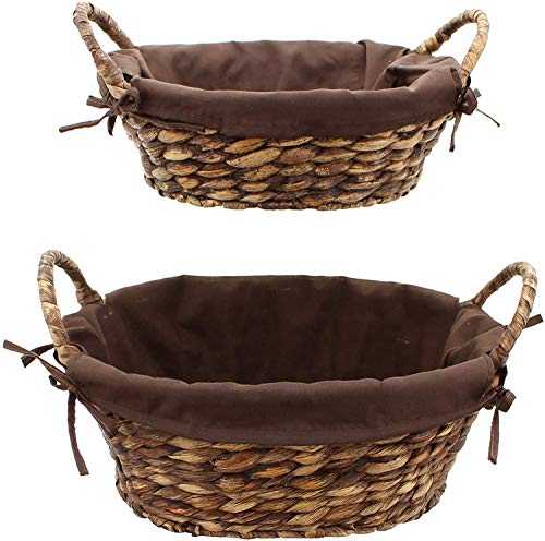 Schale 'Mokka' Brötchenkorb Brotkorb Obstkörbchen mit Griffen im 2er Set aus Wasserhyazinthe Geflochten mit Stoffeinlage 29x24x11 und 25x20x9 cm Cover