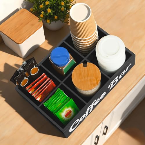 Image of Coffee Station Organizer, 6 Compartment Wood Countertop Coffee Accessories Organizer with Removable Dividers for Condiment Cups Lids Pods Syrups, Farmhouse Bar Decor