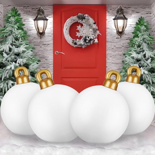 Jetec 4 Pcs 32 Inch Giant Christmas PVC Inflatable Decorated Ball Inflatable Christmas Ornaments Ball Large Outdoor Blow up Xmas Tree Ornaments for Xmas Porch Lawn Yard (White)