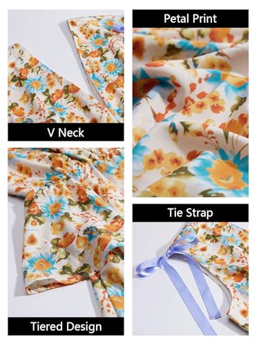 Image of Wenrine Womens Summer Floral Maxi Dress Tie Strap Sleeveless V Neck High Slit Boho Ruffle Tiered Beach Dresses