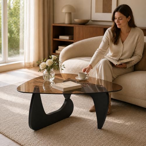 Image of 43.3 inch Black Glass Coffee Table, Mid-Century Modern Coffee Tables for Living Room, Organic Round Coffee Table with Smoked Tempered Glass Top and Wood Base, Small Center Table, Mesa de Centro para Sala