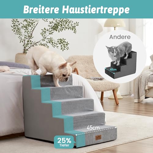 COZY KISS Hundetreppe für Kleine Hunde, 5 Stufen Breiter Haustiertreppe für Bett Couch Auto, 60cm Hoch Hochdichtem Schaumstoff Katzentreppe mit Abnehmbarem Bezug (Grau, 75x50x60cm, 5)