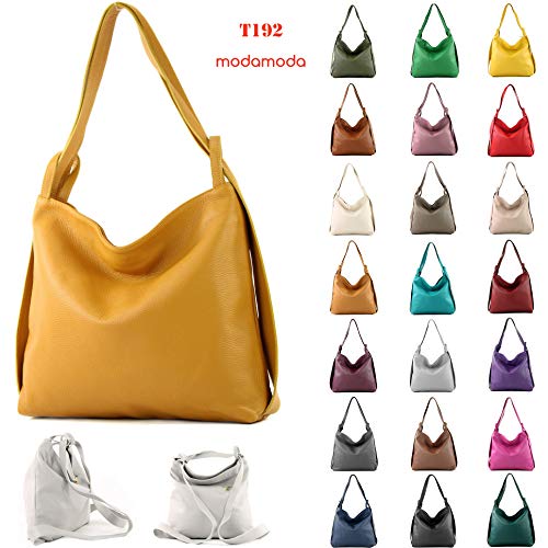 modamoda de T192 Damen Leder Rucksack Schultertasche 2in1 handmade in Italy, Farbe:Schwarz