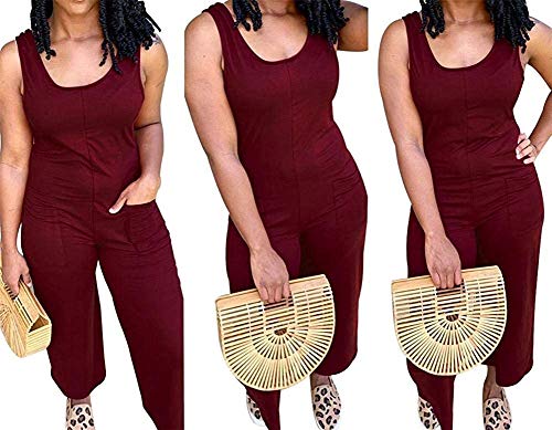 Newsite Women's Sleeveless Jumpsuit Casual Tank Romper Tapered Leg With Pockets,Wine,L #TOP2