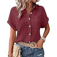 blusen & Tuniken für Damen, Musselin Bluse Damen Shirts Bluse Elegant Tunics Sommer Tshirt Kurzarm Leinen Knopf Lange Oversized T-Shirt Casual für Leggings Wein L
