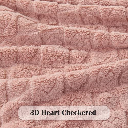 NEWCOSPLAY Super Soft Queen Blanket Pink Premium Silky Flannel Fleece 3D Heart Checkered Lightweight Bed Blanket All Season Use (Pink Heart, Queen(90"x90"))