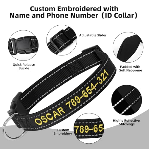 Personalisiertes Hundehalsband, Bestickt mit Namen und Telefonnummer, Weiches Neopren Gepolstert,Verstellbar für Kleine, Mittelgroße,Große Hunde