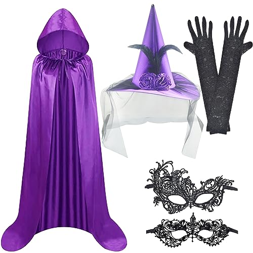 FGen Fantasia de Halloween, disfarce de bruxa, com chapéu de bruxa, faixa para os olhos, capa, adequado para fatos de papel para homens e mulheres no Halloween (roxo)