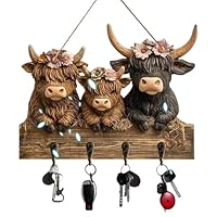 Highland Cattle Ornaments Key Holder 2D Flat Wall Mount Bullhead Animal Wooden Towel Hook Coat Hanger with 4 Hooks Black Cow Wall Decorative Key Rack for Entryway Hallway Farmhouse