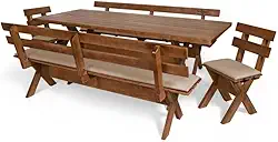 Conjunto Mesa Madeira Maciça Para Churrasco - Mesa + 4 Bancos - Estofados Nude Imbuia